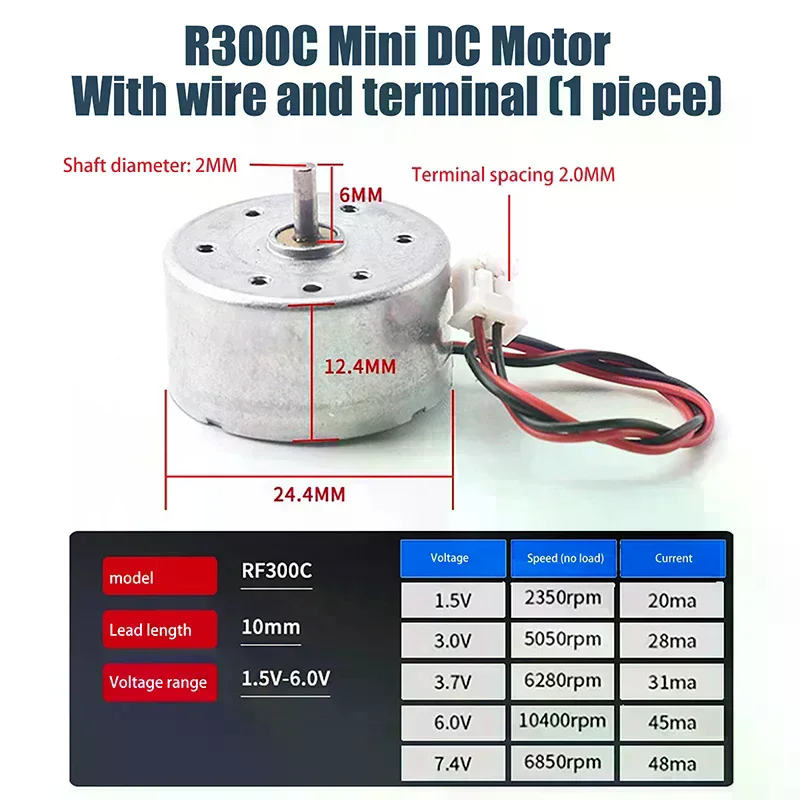 RF-300C Mini 300 Motor DC 1.5V -6V 7000RPM Micro 24.4MM Round Spindle Motor Low Current DIY Solar Power Fan Hobby Toy Model