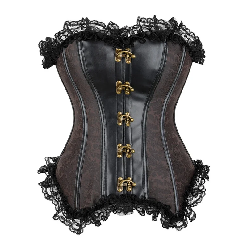 

Dark Brown Corset with Lace Trimed Gothic Steampunk Corset Women Shapewear Waist Bustier Cosplay Punk Halloween