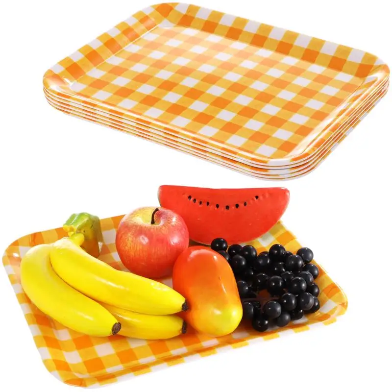 6Pcs Party Serving Tray Large Food Tray Yellow Plaid Square Food Serving Tray Reusable Melamine Birthday Appetizer Dessert Board