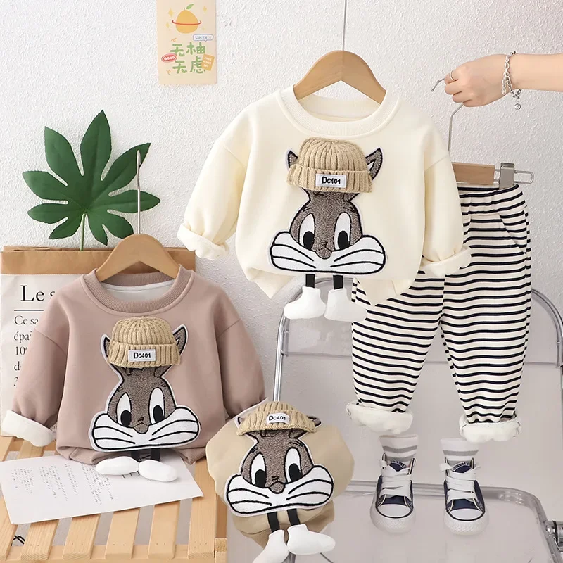 

baby boy clothes Cute Autumn and Winter Children's Clothing for Girls and Boys Baby Cartoon and Velvet Hoodie and Pants Set