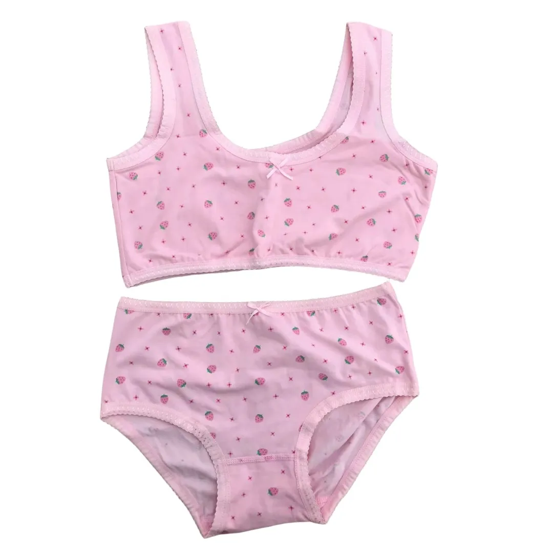 Girl Bra Boxers Set Cute Floral Strawberry Prints Teens Underwear Size 130-160 Big Girl Underwear Bra Panties Set