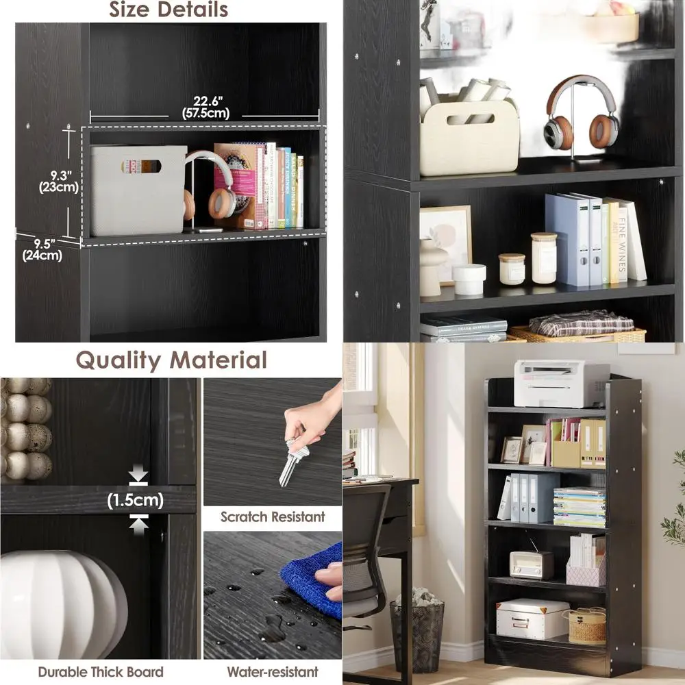 

47 Black Tall Wood Bookshelf - 5-Tier Floor Standing Storage Display for Home Office, Bedroom, Living Room