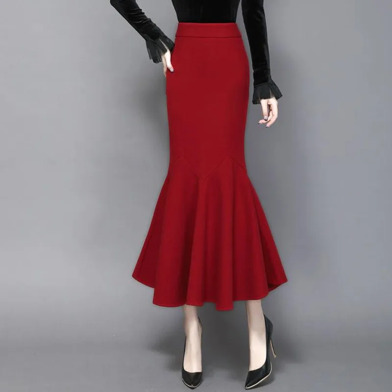 

2022 winter office lady woolen mermaid skirt women high waist package hip trumpet skirt
