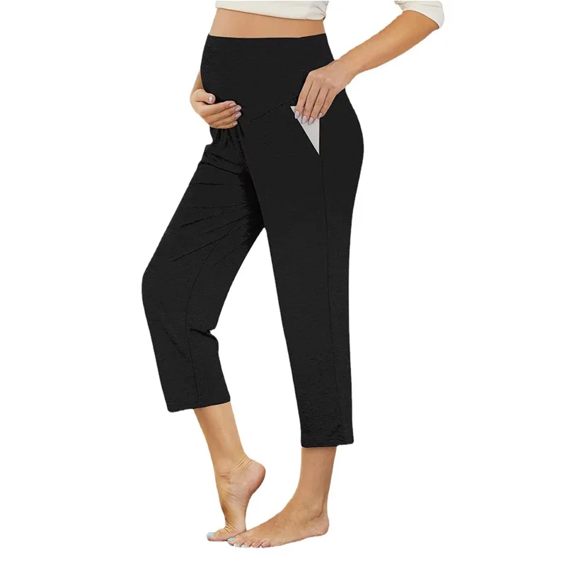 

European American Spring Autumn High Waist Outerwear Pants for Pregnant Women Pockets Home Pregnant Women's Cropped leggings