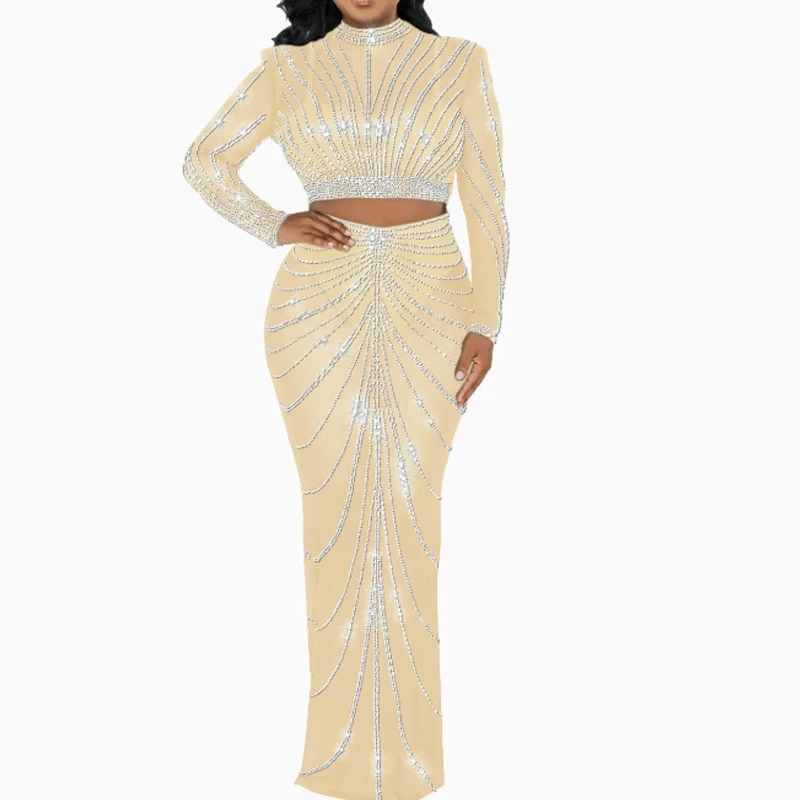 

Сексуальный прозрачный сетчатый топ с длинными рукавами, украшенный стразами, и юбка-русалка с высокой талией, комплект из 2 предметов