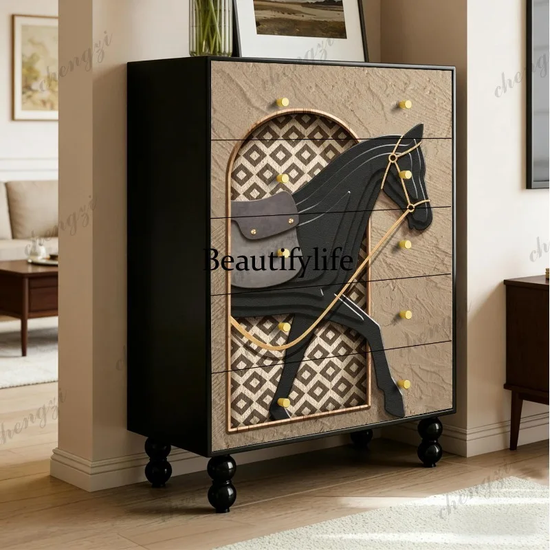 Italian solid wood light luxury chest, living room retro wall sofa, storage locker, storage cabinet