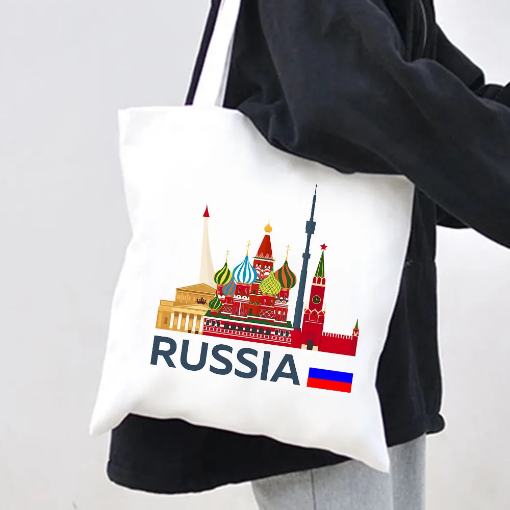 Russian Flag Coat of Arms Moscow Women Canvas Shoulder Harajuku Handbags Totes Eco Shopper Reusable Cotton Foldable Shopping Bag