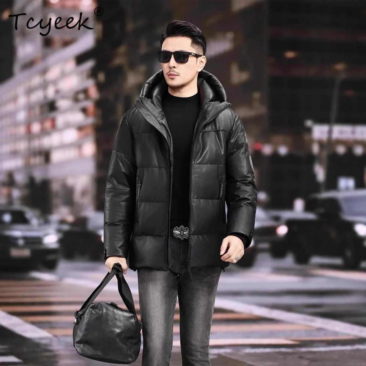 

Tcyeek верхний слой из воловьей кожи, куртка из натуральной кожи, мужская зимняя одежда, теплое белое пальто на утином пуху, мужские пальто средней длины Jaqueta Couro