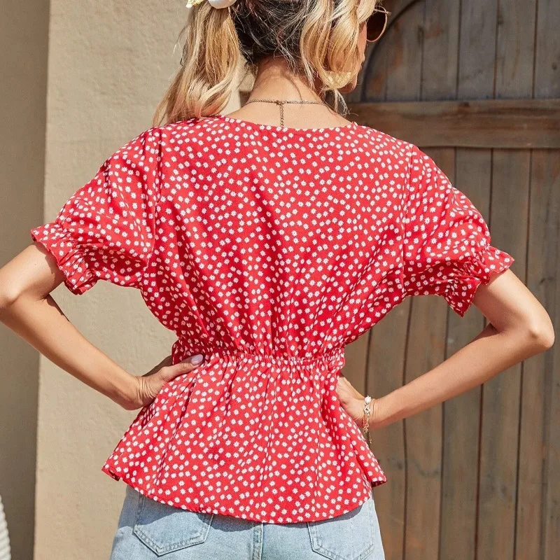 

Новая летняя женская блузка с v-образным вырезом и цветочным принтом для похудения ort Sve irt Fre Sle, модная повседневная блузка для поездок на работу