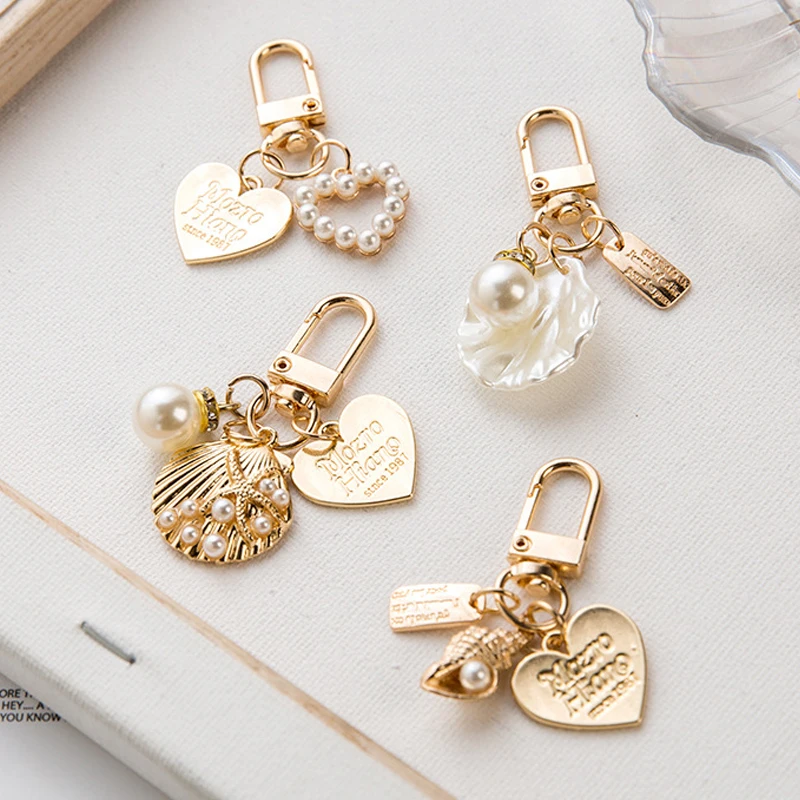 Shell Pendant Keychain for Women Girls Heart Mini Pearl Keyring Fashion Elegant Letter Label Imitation Handbag  Pendant Keyring