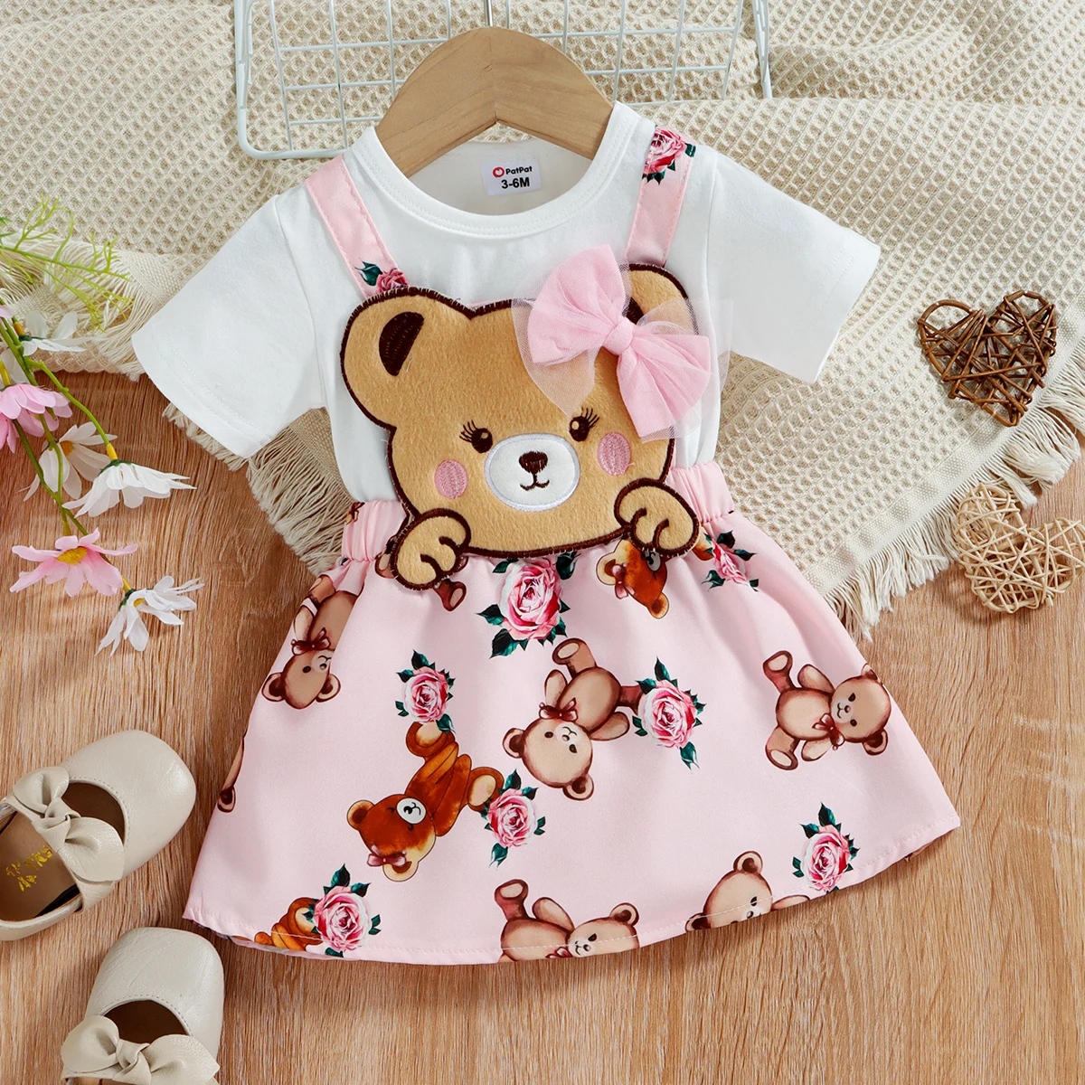 PatPat Baby Girl 100% Cotton Short-sleeve Cartoon Bear Faux-two Suspender Dress