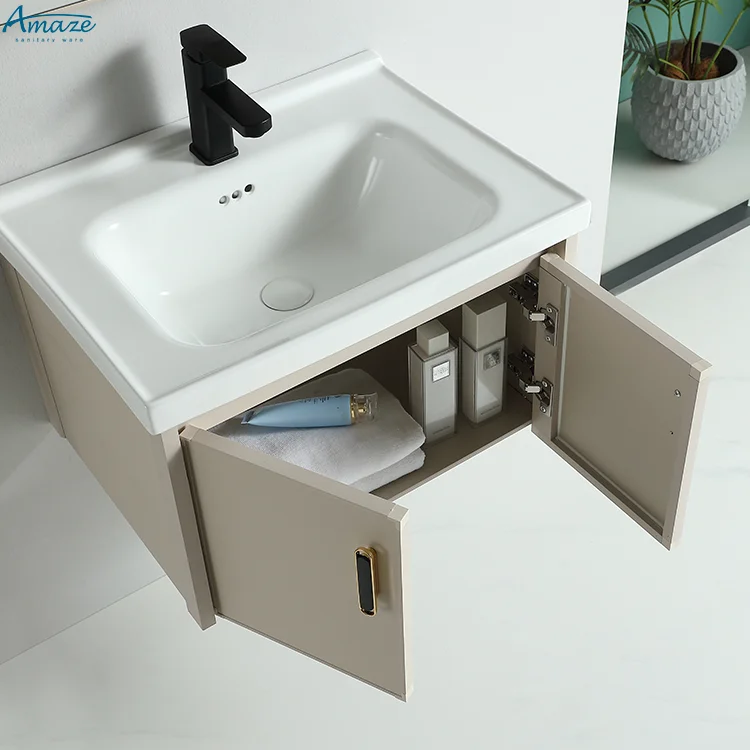 Wholesale Custom Two-door Modern New Design Aluminum Bathroom Furniture Wall Cabinet Vanity Set Washbasin Sink