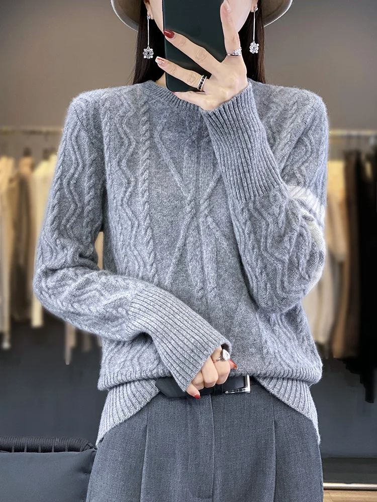 New Women 100% Merino Wool Pullover Autumn Winter Cashmere Sweater O-Neck Cable Stitch Knitwear Casual Soft Tops Korean Popular