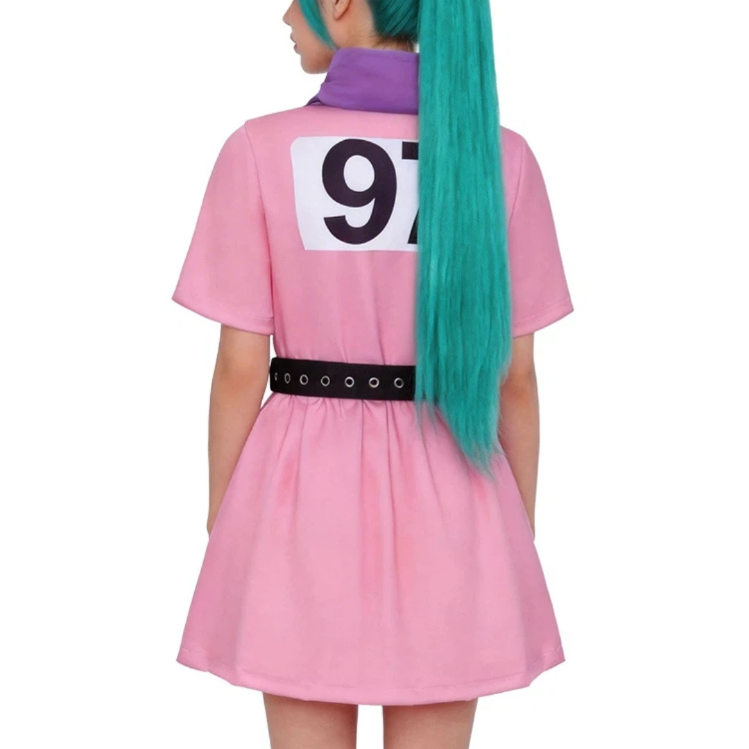 Dragon Ball Bulma Cosplay Dress Pink Short Sleeve With Purple Scarf Black Belt 97 Printed Logo For Women Girls Halloween Anime view 3