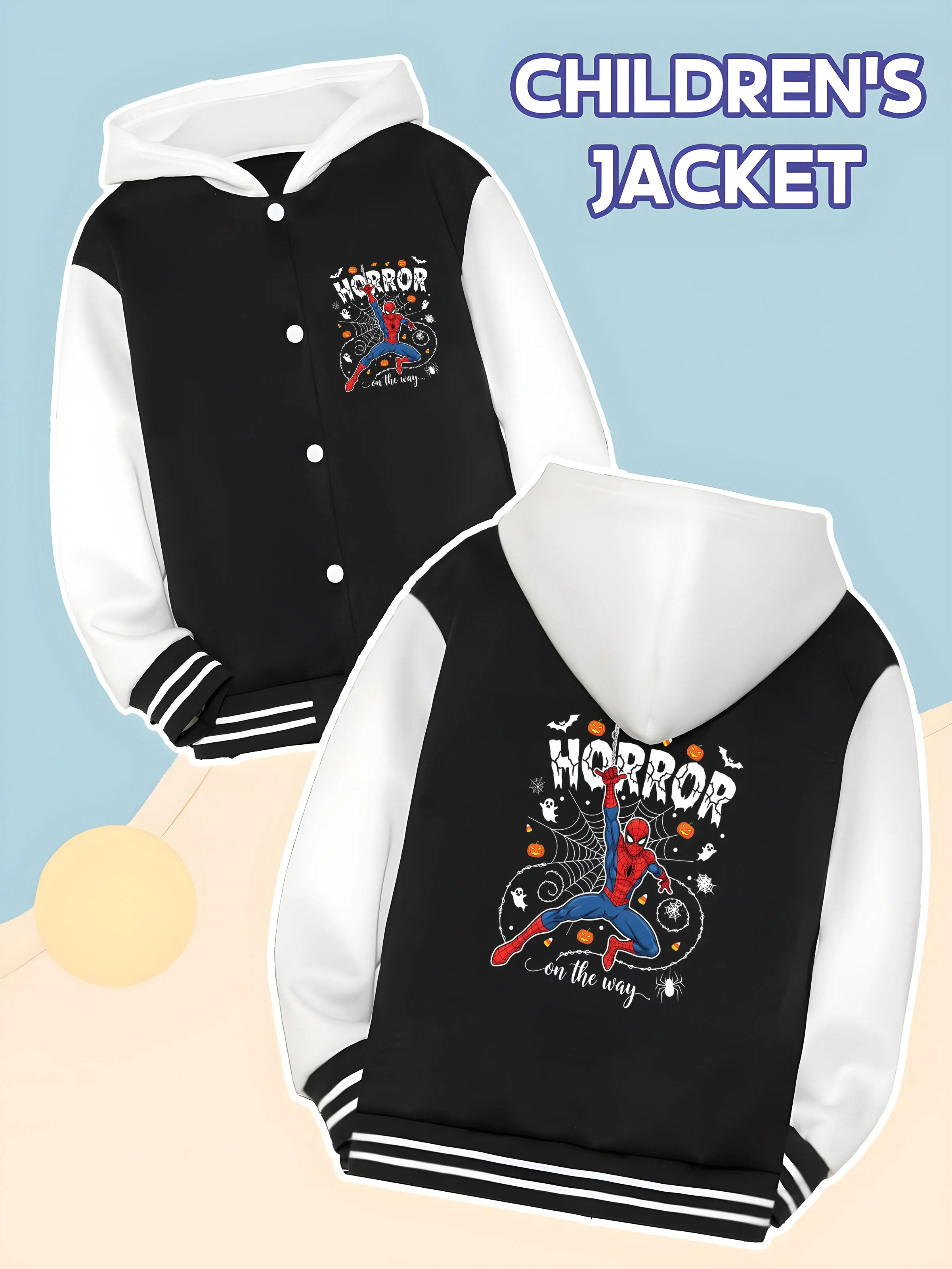 

MINISO Marvel Spider-Man Halloween Horror Boys Baseball Jacket - Spider-Man Halloween horror print, double-sided to deliver horr