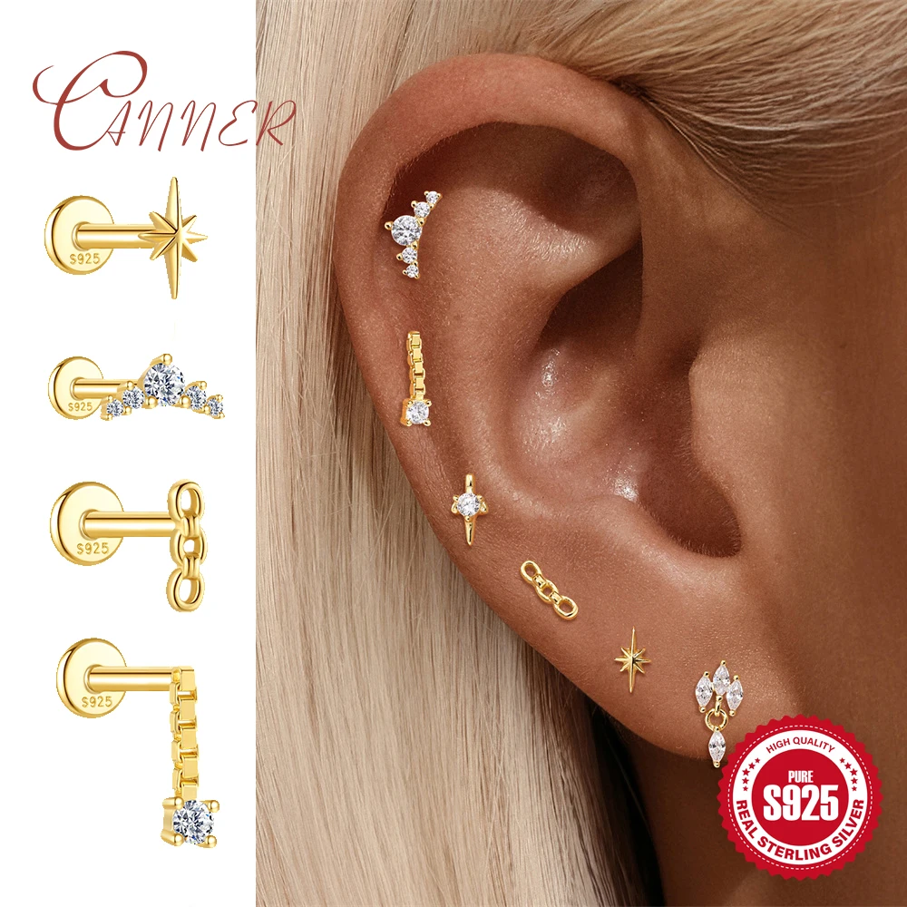 

Canner 925 Sterling Silver 1piece Star/Sword Design Piercing Stud Earring For Women 18K Gold 6mm Flat head thread Jewelry Gift