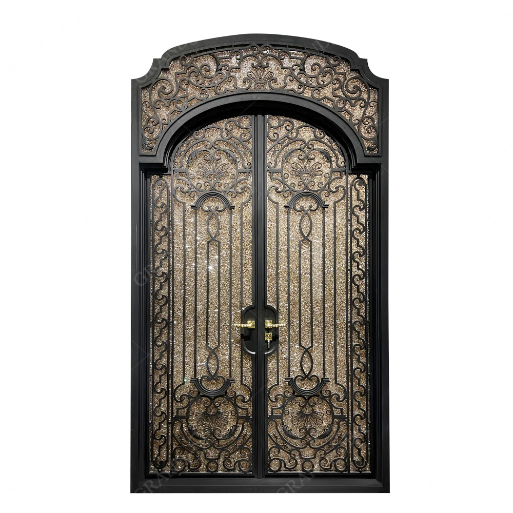

Fancy French Arches Iron Gate Doors Durable And Popular Wrought Iron With Glass Manual Opening
