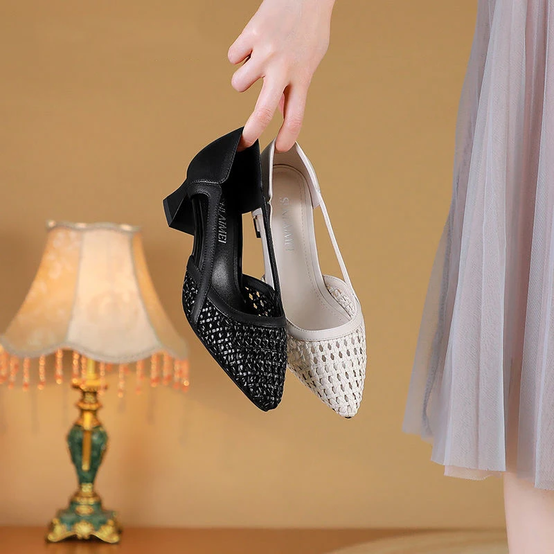 

Лето 202, женские тканые сандалии с запахом на щиколотке, толстый каблук, удобный ажурный дизайн, универсальная уличная мода, элитные ощущения