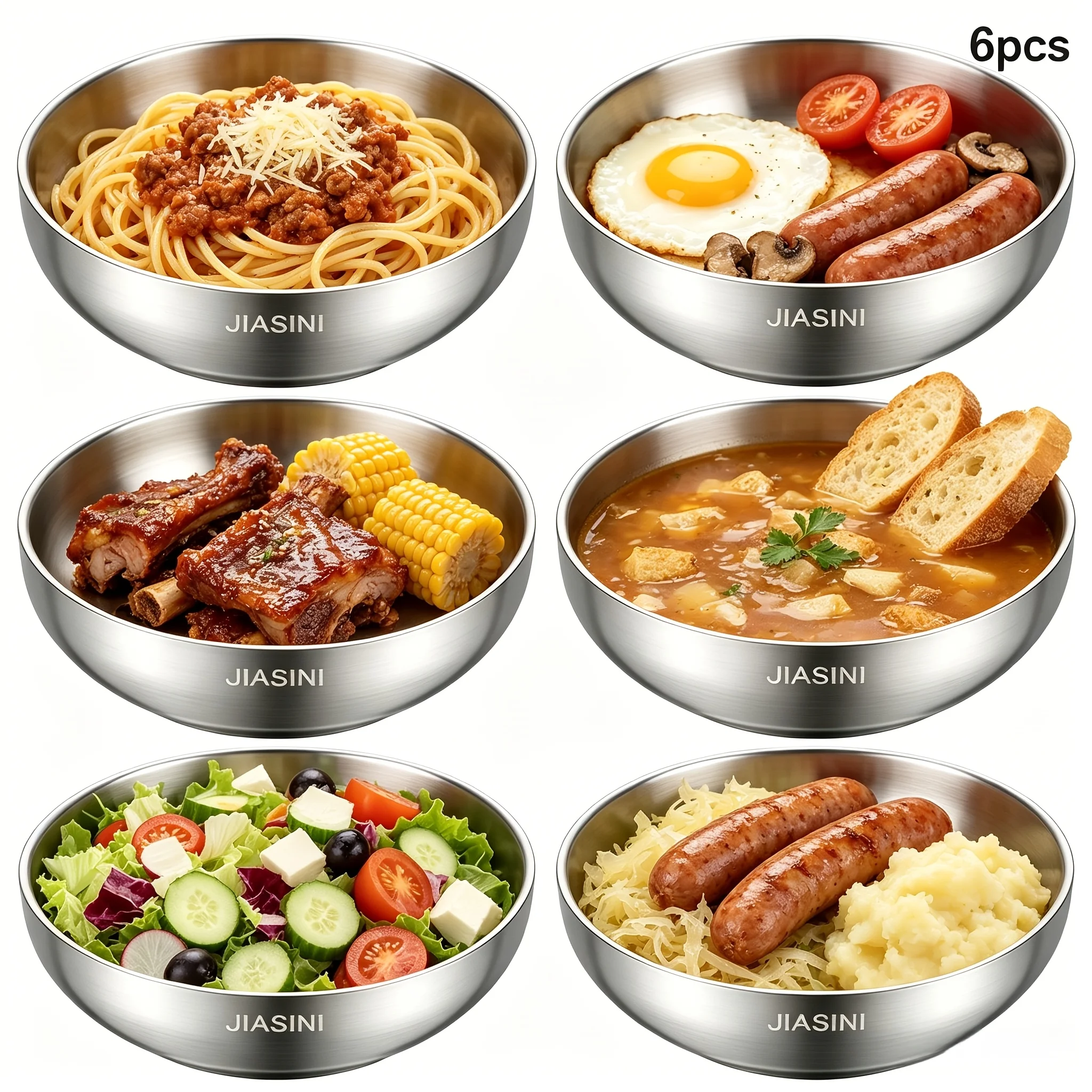 

6Pcs Double-Layer Stainless Steel Bowls, Durable Deep Soup and Cereal Bowls, Suitable for Hot Soups, Pasta, and Salads, Ideal for Home Kitchens and Camping, Suitable for Hot and Cold Foods, Deep Round Metal Bowls, Perfect for Soup, Pasta, and Cereal, a Mu