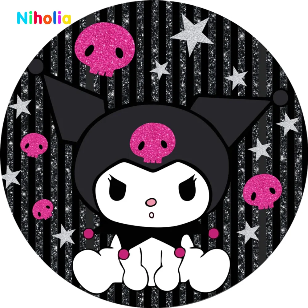 Sanrio Kuromi Backdrop First Girl Birthday Hello Kitty Decoration Photo Background Cylinder Cover Round Baby Shower Studio Decor