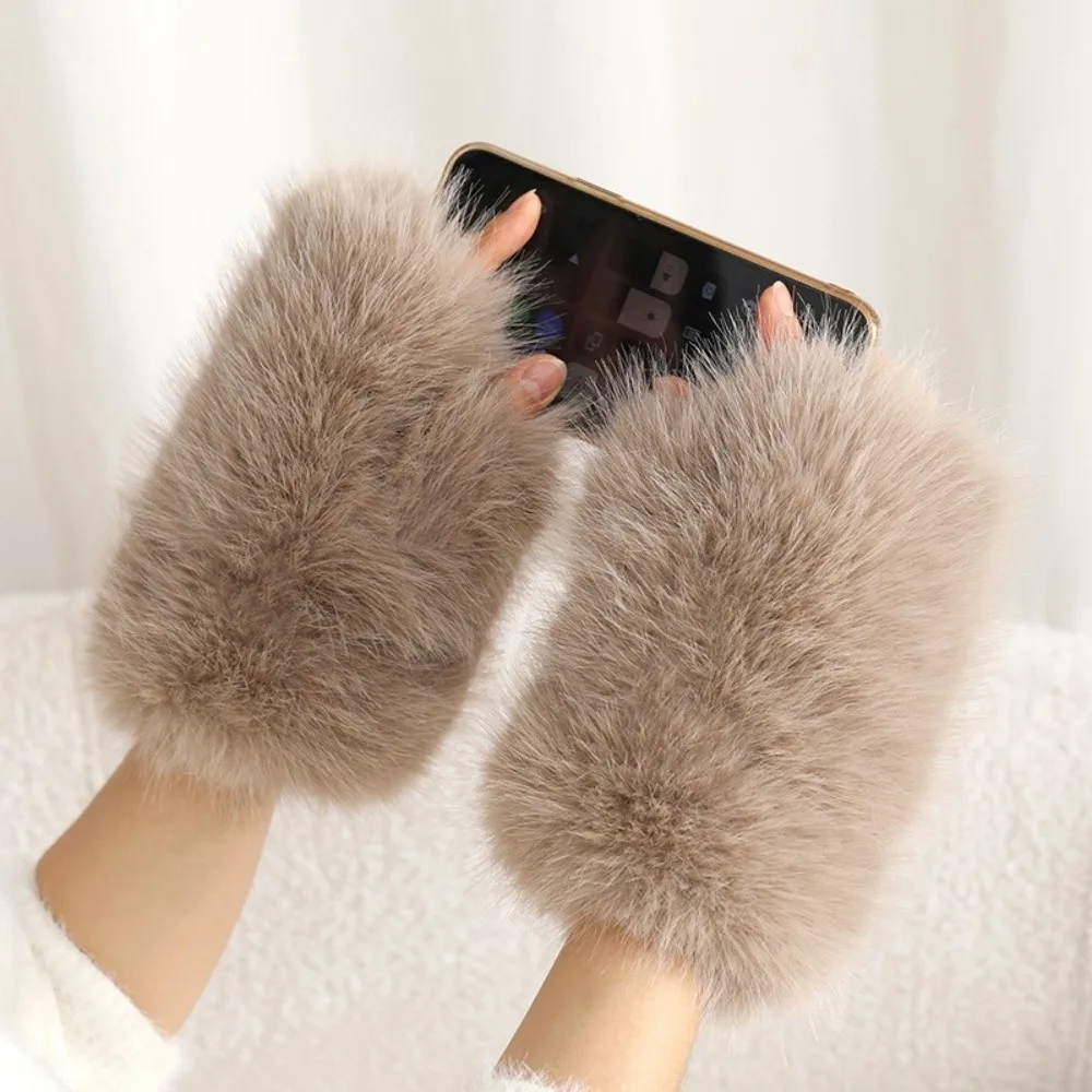 Versatile Thick Fluffy Fingerless Gloves One Size Rabbit Fur Blend Gloves Touch Screen Gloves For Students