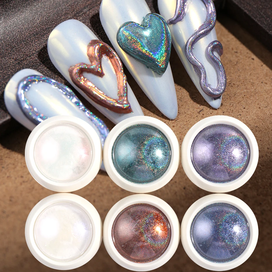 6 stücke Holographische Chrom Nagel Pulver Glitter Aurora Rosa Blau Lila Holochrome Nagel Pigment Metallic Spiegel Nail art Dekorationen