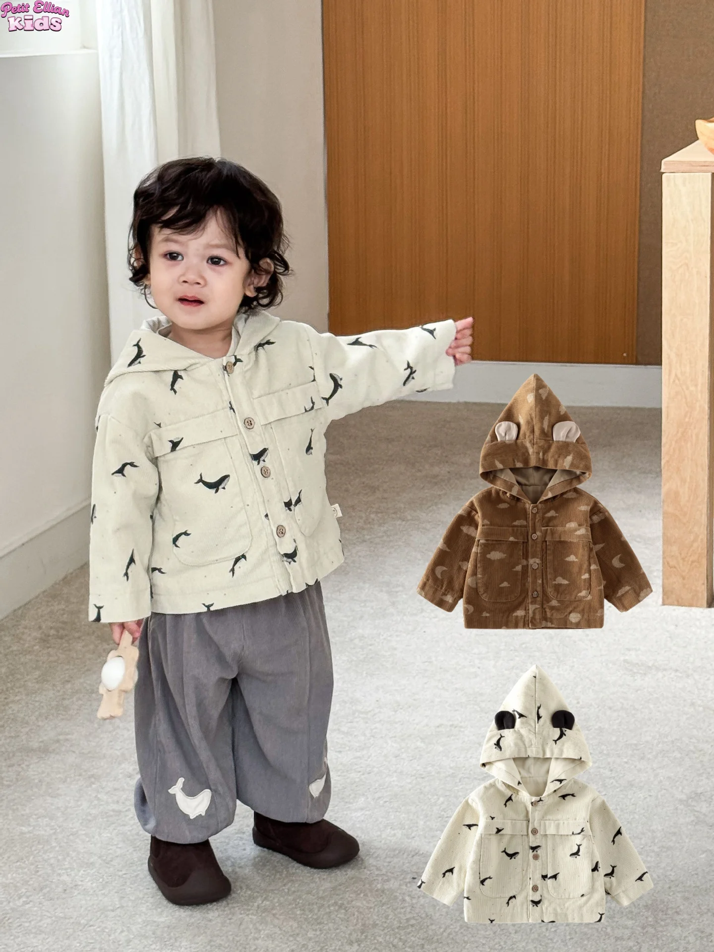 

Baby Boys Girls Autumn Jacket Cotton Corduroy Allover Print Hooded 0-5Y Infant Ear Detailing Button Up Outerwear with Patterns