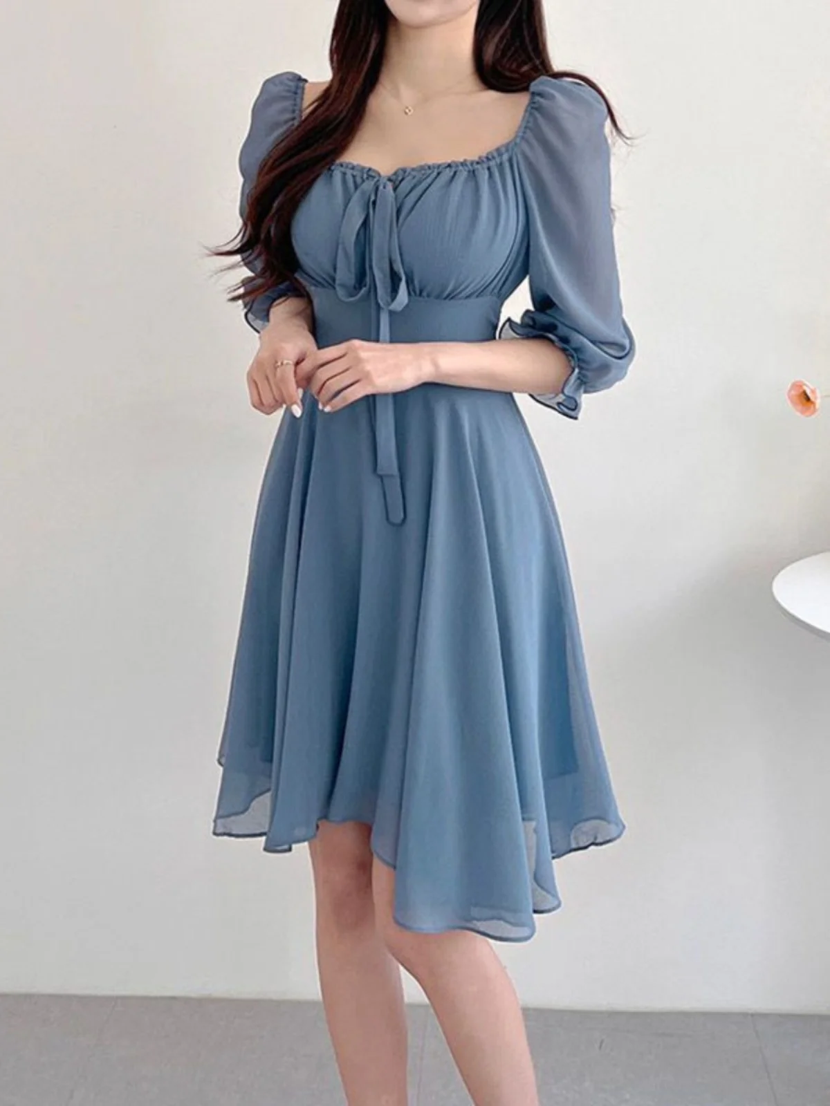 Chic White Summer New Sle Women's Dr Square Collarbone Exposure Bubble Sve Waist Cinching Midi Dr Korean Sle