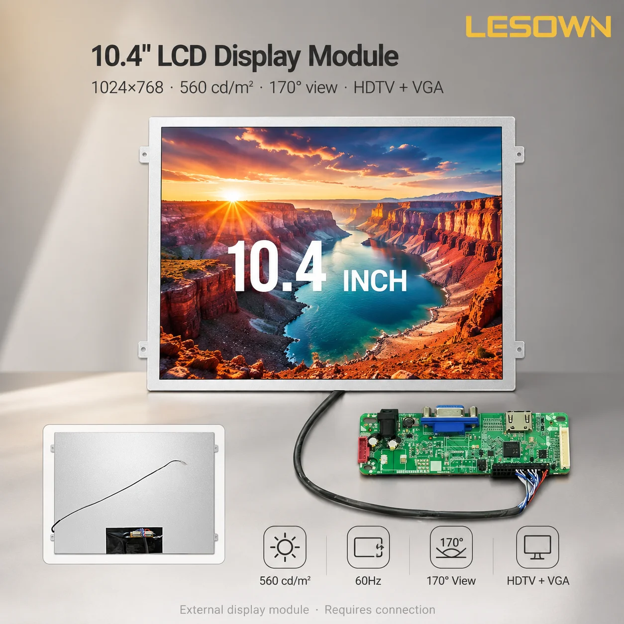 LESOWN 1024x768 Resolution LCD Monitor No-Driver-Needed 10.4" Screen Setup with HDMI/VGA Interface
