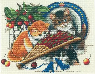 Punto de Cruz de gato y cereza, bordado de hilo de algodón ecológico, decoración del hogar, pintura colgante, regalo