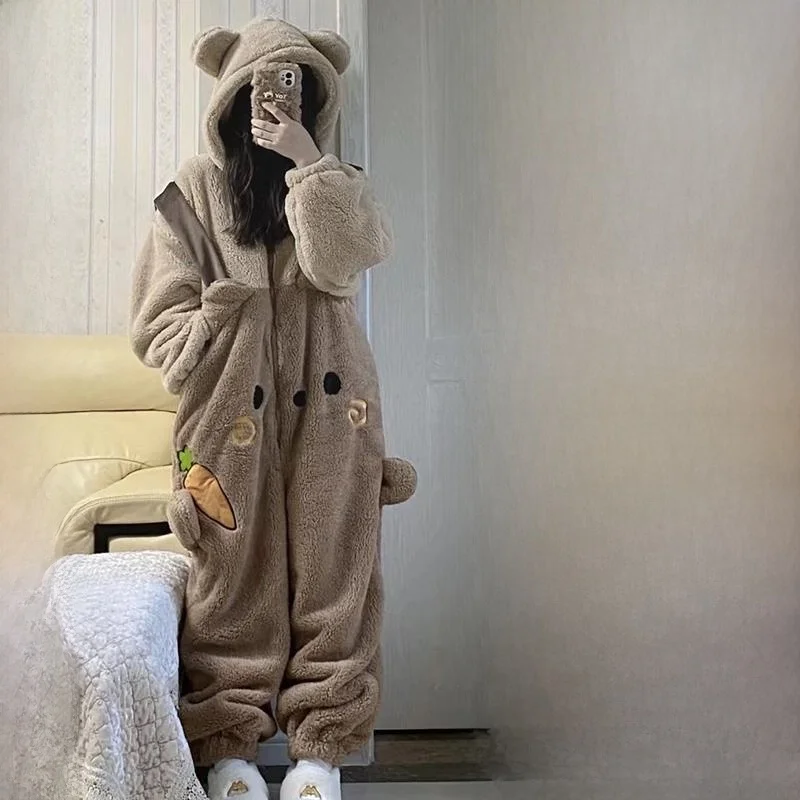 

Большой размер 300 Pou Cute Bear Onesie, женский осенне-зимний тонкий коралловый халат, домашняя одежда, комплект из 2 предметов, повседневная одежда