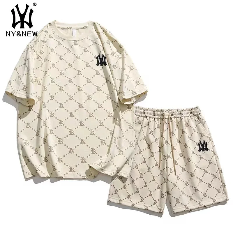 Y2K NY & جديد القطن الخالص مريحة طباعة كاملة الرجال دعوى قصيرة الأكمام الرجال الصيف زوجين دعوى الأمريكية الرجعية الرجال البدلة