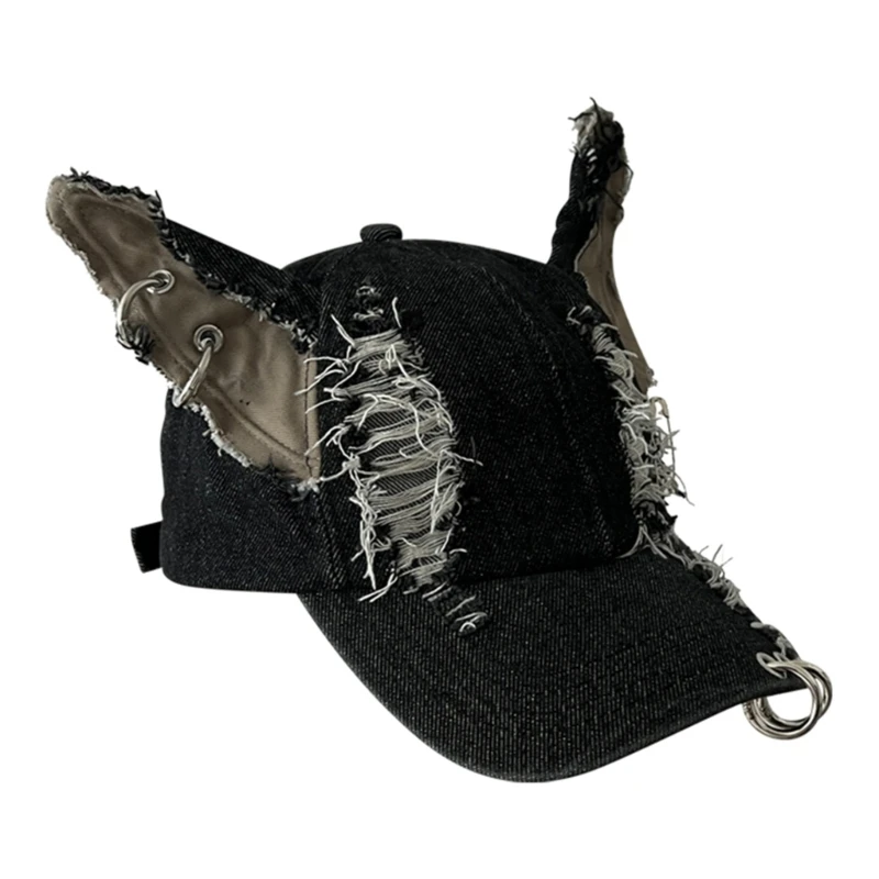 Y2k Dog Ears Denim Ripped Baseball Cap Men and Women Dark Personality Metal Ring Street Trend Adjustable Sports Hat
