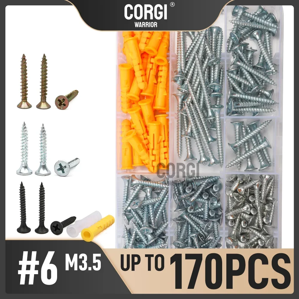 120-170 #6 Galvanized Steel Wood Screws Assortment Kit M3.5 Phillips Flat Head 304 Stainless Steel Self-Tapping Screw L 16-50mm