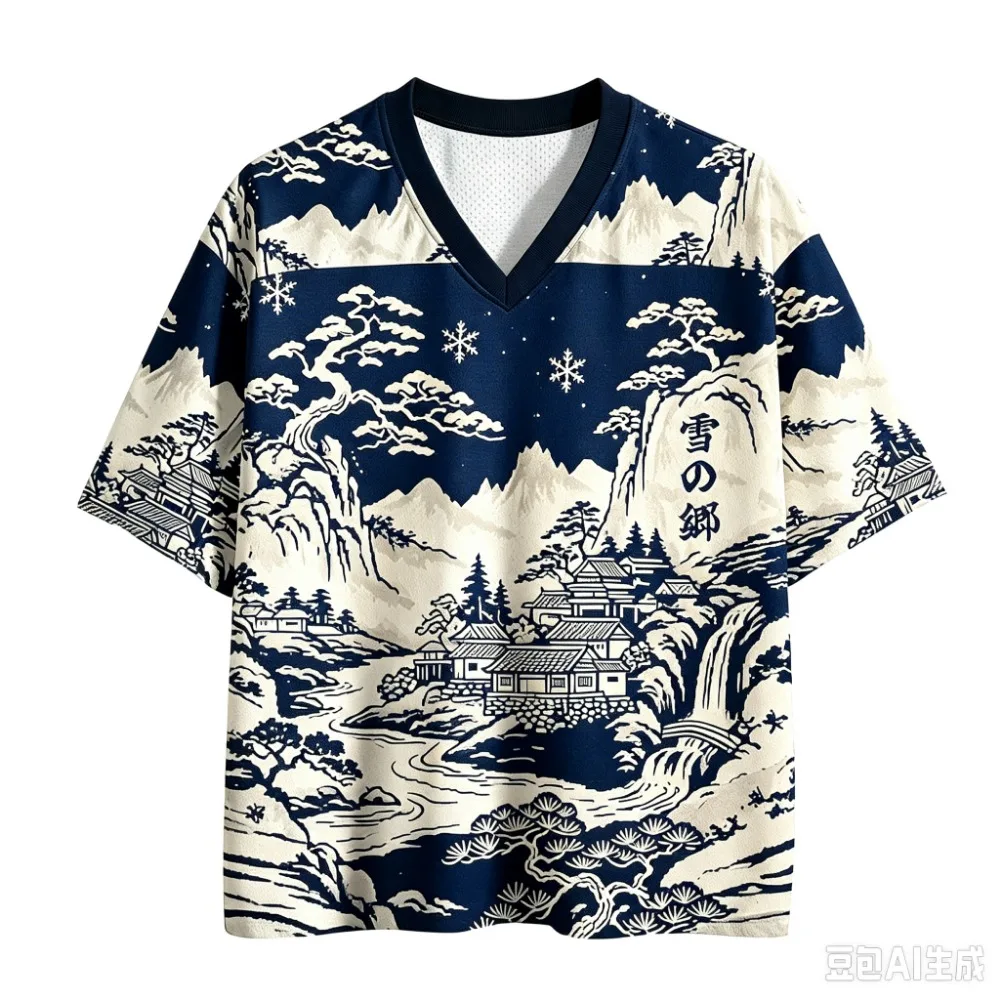 Modische japanische Ukiyo-e-Landschaftsmuster, 3D-gedrucktes lässiges Street-Outdoor-Fitness-T-Shirt für Männer mit V-Ausschnitt, große Größe, Eltern-Kind-Modell – Detail 5