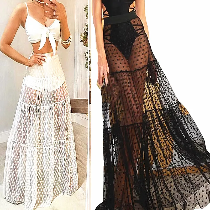 Falda larga con volantes de encaje de verano para mujer, Vestidos Vintage grandes de malla, vacaciones en la playa, faldas holgadas informales elegantes a la moda para fiesta
