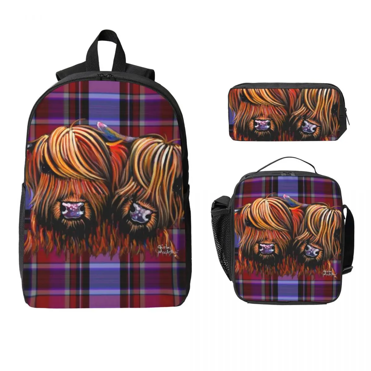 

Highland Cow Print Pals On Tartan Backpack Boy Girl BookBag School Bag Computer Shoulder Bag 3ps Insulated Lunch Bag Pencil Case