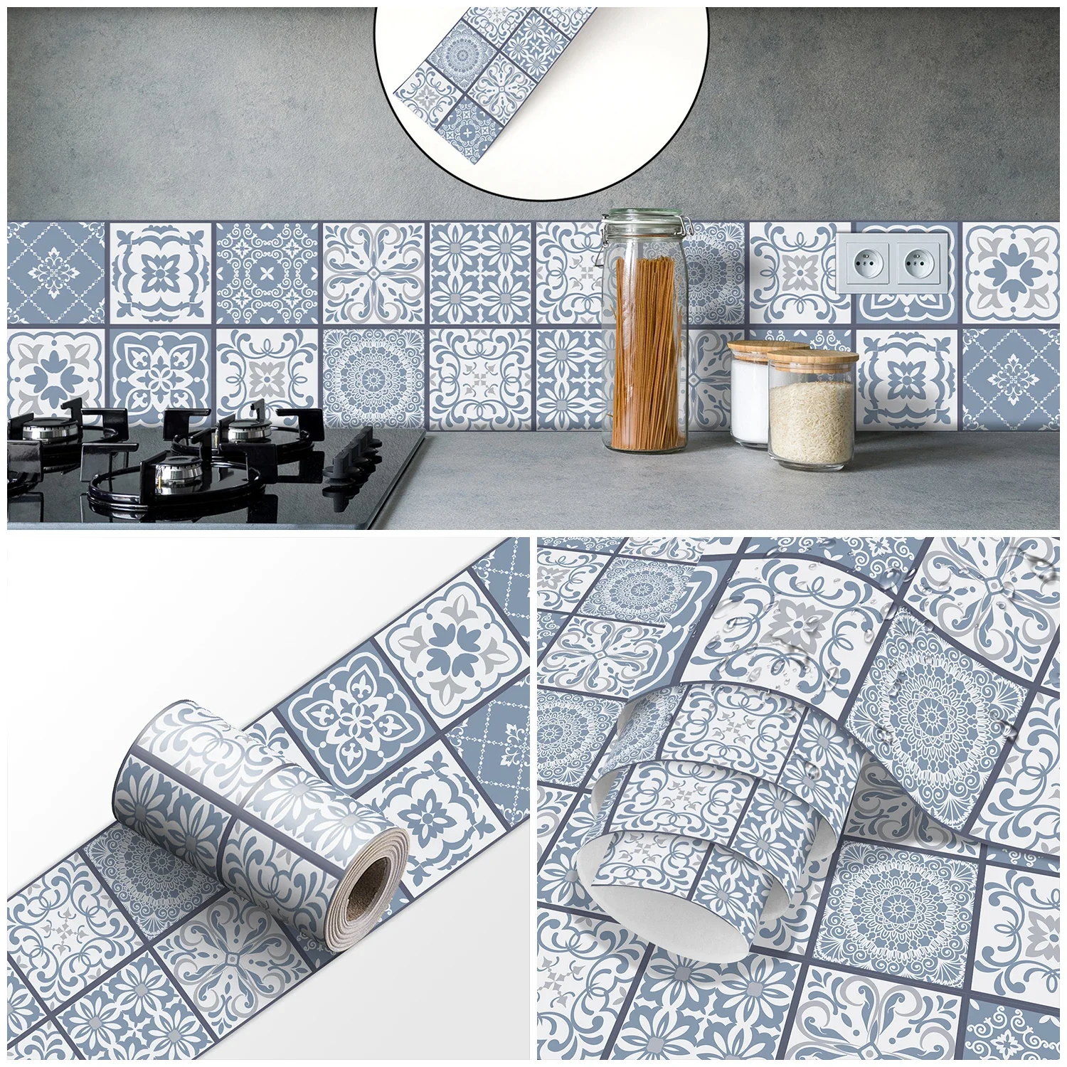 Portuguese Style Floral Ceramic Wall Sticker Self-Adhesive Kitchen Backsplash Bathroom Decor Waistline Skirting Strip