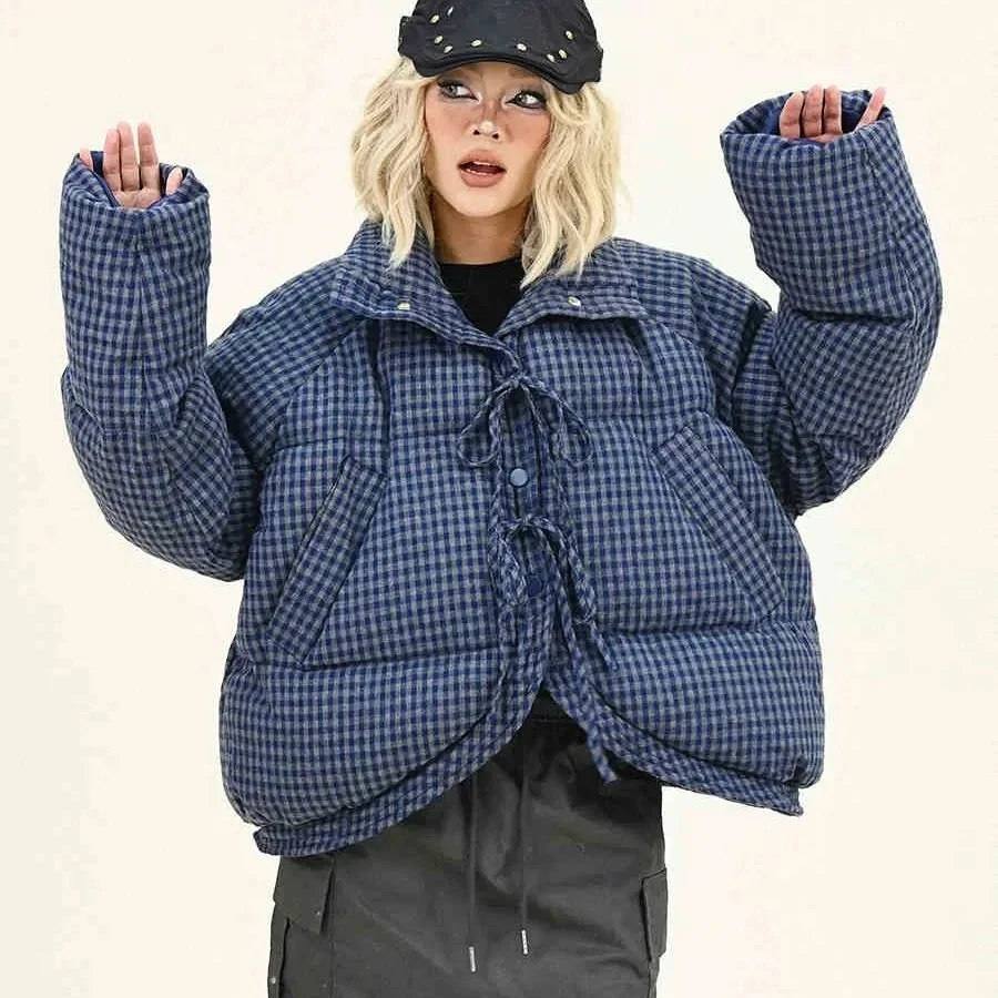 

Bow Tie Plaid Short Cotton Coat 2025 Winter New Loose Cotton Jacket Korean Oversize Puffer Jacket Women Parkas Outwear