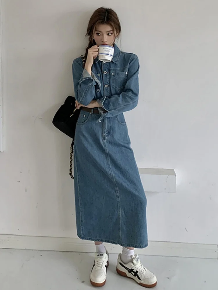 

Women's New Autumn Winter Long Denim Dress For Women Slim Full Sleeved Lapel Vestidos Korean Fashion Dresses Female Clothing