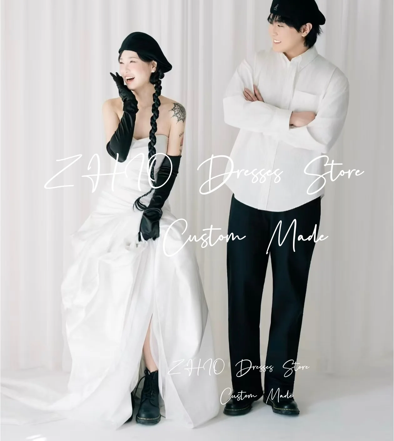 ZHIO Modern White PleatWedding Dress Sweetheart A-Line Slit Sweep Train Satin Korea Photo Shoot Bridal Reception Gown Custom