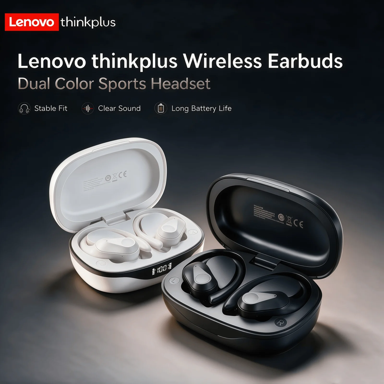 Lenovo LP75 スポーツワイヤレスイヤホン、マイク、ボタンコントロール、LED パワーディスプレイ、Hifi ステレオサウンド Bluetooth 5.3 TWS ヘッドフォン付き
