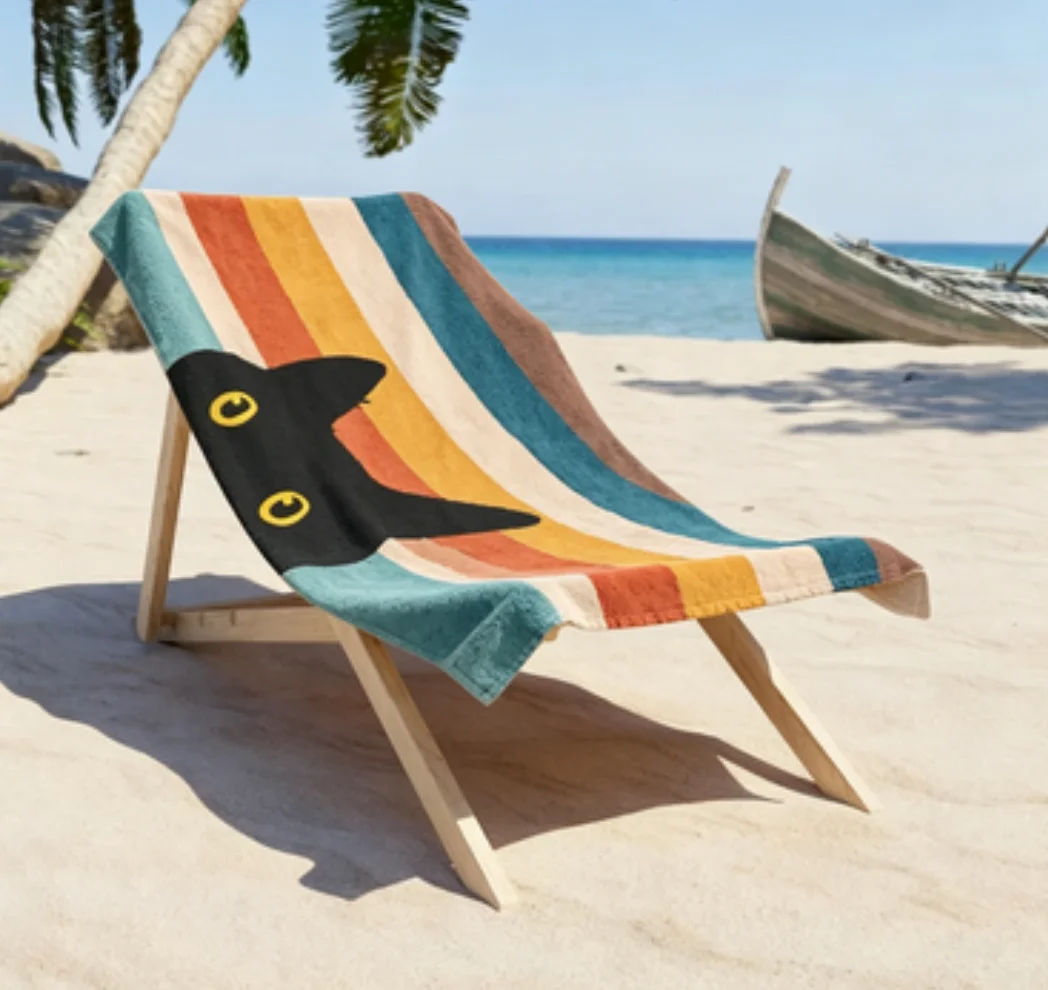 Peeking Cat in Retro Colors  All Over Print Beach Towel Floral Blue Pool Towel Gifts for Mom Coastal Grandma Gifts