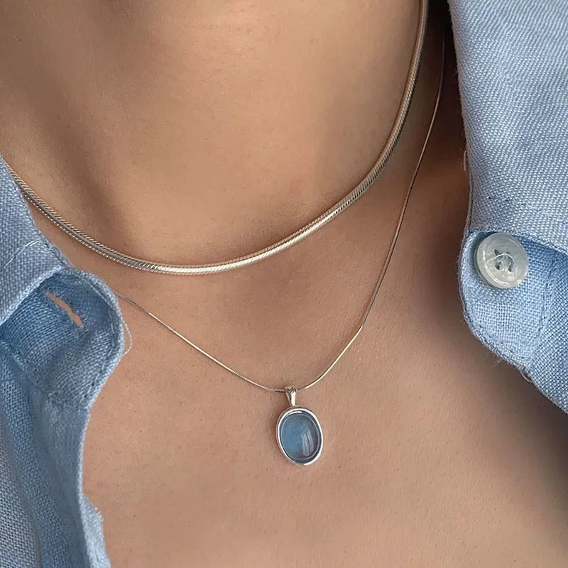 

S925 Sterling Silver Necklaces For Women Simple Chain Fashion Minimalist Pendant Necklaces Blue Stone Necklace Birthday Gift