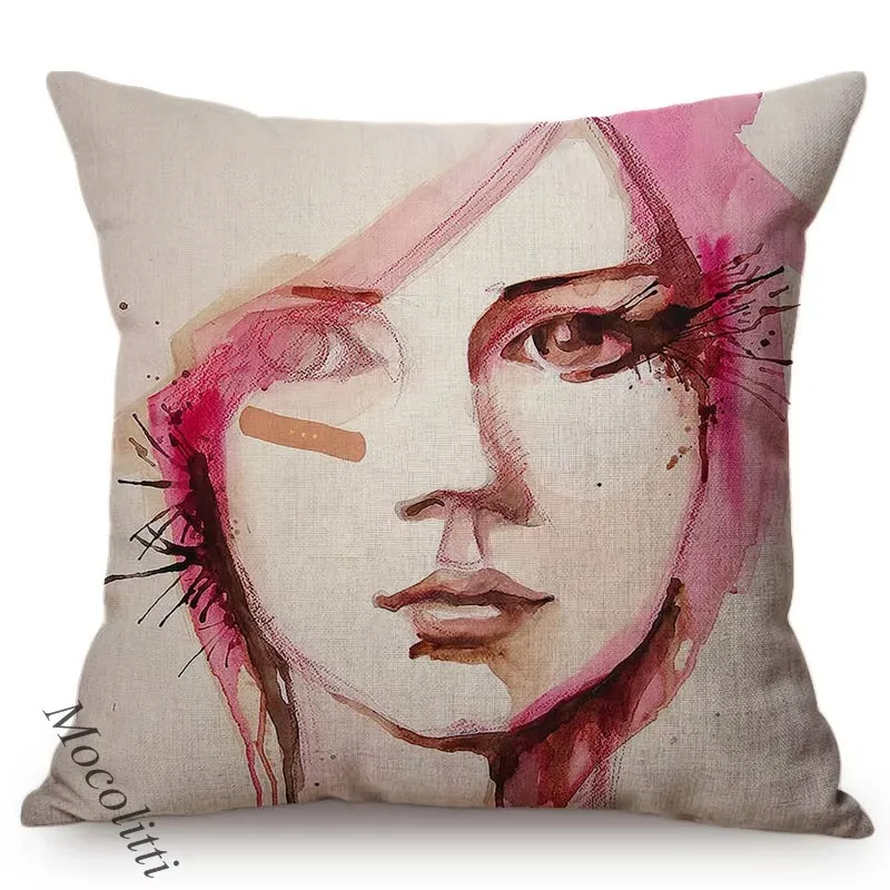 Fashion Woman Portrait Throw Pillow Case Pink Water Color Hand Painted Abstract Girl Decoration Square Cushion Cover Almofadas