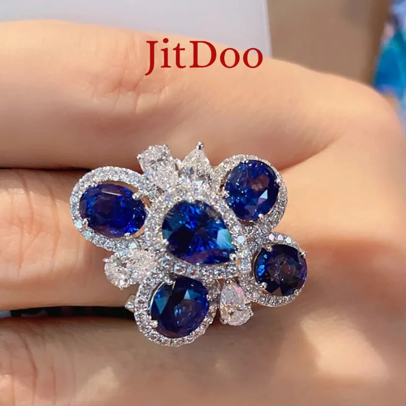 

JitDoo Aquamarine Flower Shape Ring for Women Men Wedding Bridal Geometric Metal Knuckle Ring Daily Jewelry Accessories Gift