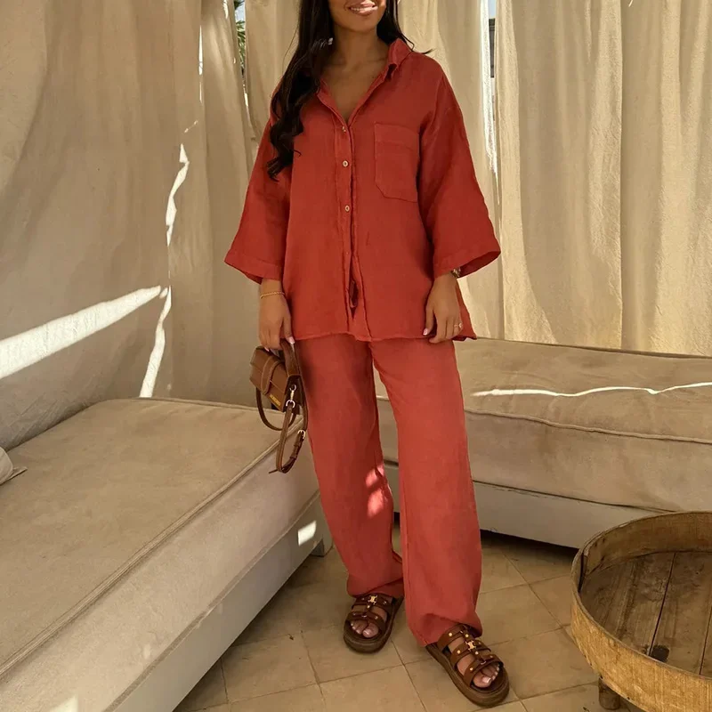 

New Spring Lapel Button Shirt Top+Drawstring Pants Suit Casual Women Two Piece Long Sleeve Outfit Fashion Loose Solid Linen Set