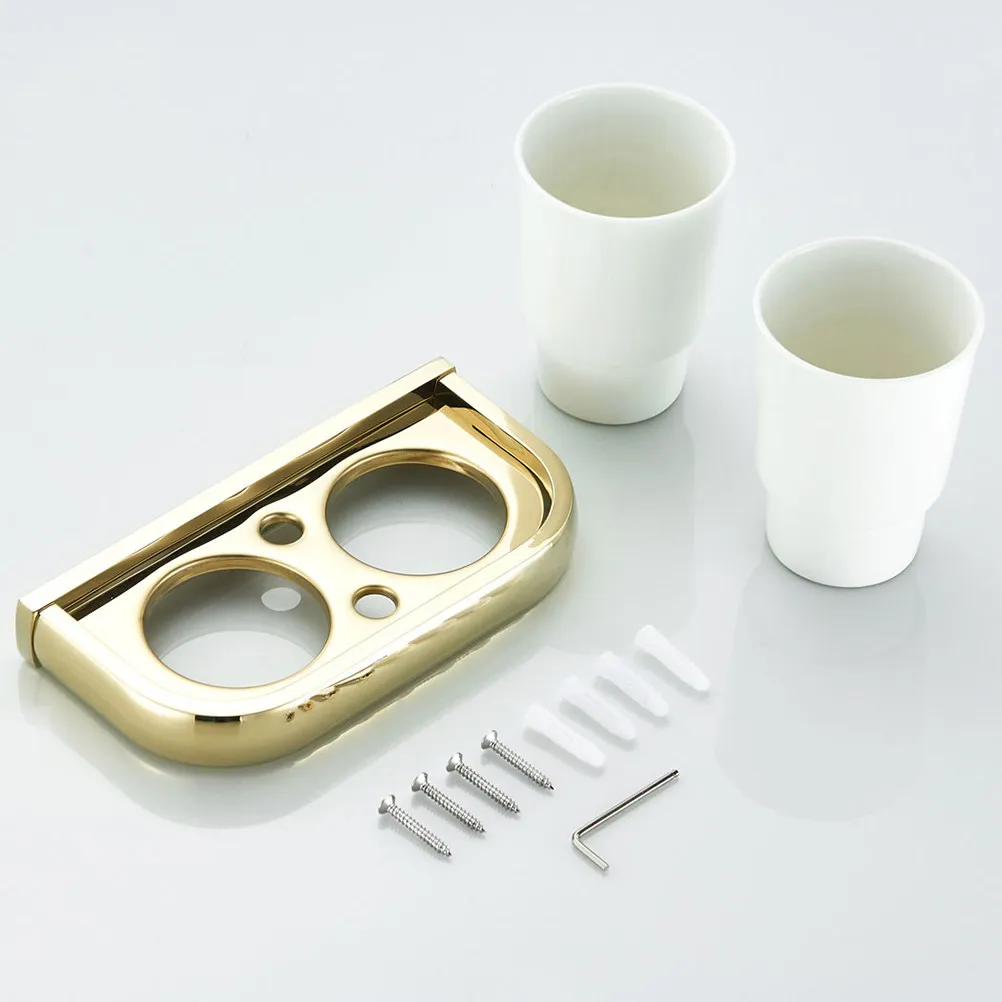 

Toothbrush Cup Holder with Double Mouth Support 19.5x10cm Golden Brass Wall Mount Shelf Bathroom Storage Organizer Rustproof