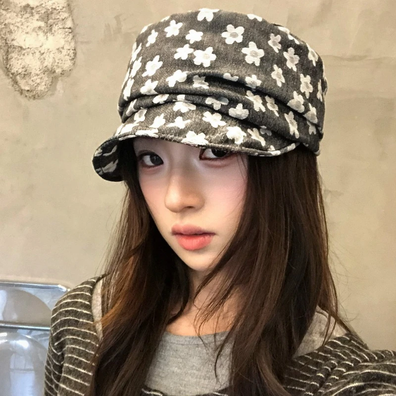 Koreanische Mode Bedruckte Weichkrempige Baskenmütze für Frühling und Herbst, Große Ausführung und Vielseitige Kurzkrempige Newsboy-Mützen für Damen – Detail 1