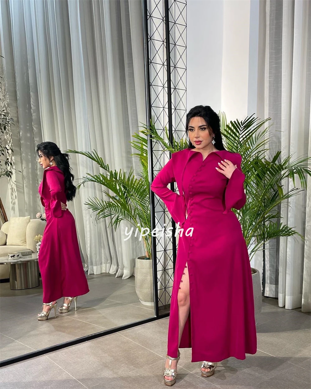 Chinese Style Modern Style Jersey Button Pleat Ruched A-line V-neck Midi Dresses Flouncing Celebrity Dresses Fashion Formal